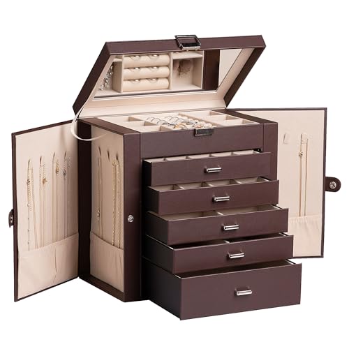 Frebeauty Große Schmuckschatulle, 6-stöckig, PU-Leder, Schmuck-Organizer, multifunktionale Aufbewahrungsbox mit Spiegel, Zubehörhalter mit 5 Schubladen für Halsketten, Armbänder, Uhren (dunkelbraun) von Frebeauty