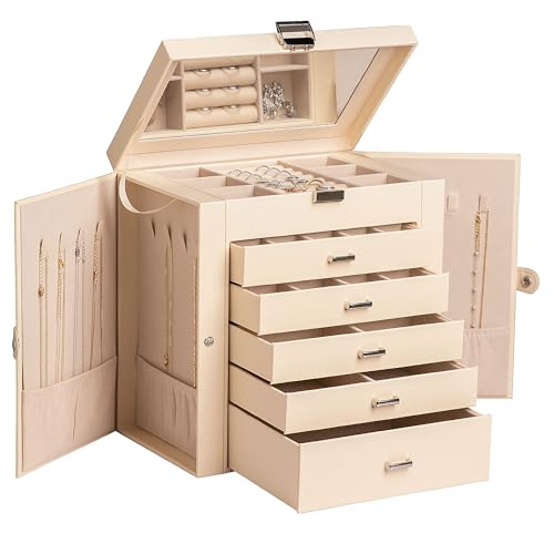 Frebeauty Große Schmuckschatulle, 6-stöckig, PU-Leder, Schmuck-Organizer, multifunktionale Aufbewahrungsbox mit Spiegel, Zubehörhalter mit 5 Schubladen für Halsketten, Armbänder, Uhren (Beige) von Frebeauty