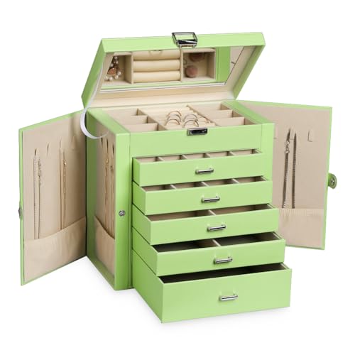 Frebeauty Große Schmuckschatulle, 6-stöckig, PU-Leder, Schmuck-Organizer, multifunktionale Aufbewahrungsbox mit Spiegel, Zubehörhalter mit 5 Schubladen für Halsketten, Armbänder, Uhren (Avocadogrün) von Frebeauty