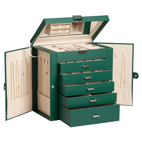 Frebeauty Große Schmuckschatulle, 6-stöckig, PU-Leder, Schmuck-Organizer, multifunktionale Aufbewahrungsbox mit Spiegel, Zubehörhalter mit 5 Schubladen für Halsketten, Armbänder, Uhren (Schwarzgrün) von Frebeauty