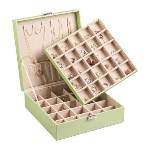 Frebeauty Ohrring-Organizer, klassische Schmuckschatulle, 50 Fächer, doppellagig, Schmuck-Aufbewahrungsbox mit 6 Halskettenhaken und Armbandtasche (Avocado-Grün) von Frebeauty