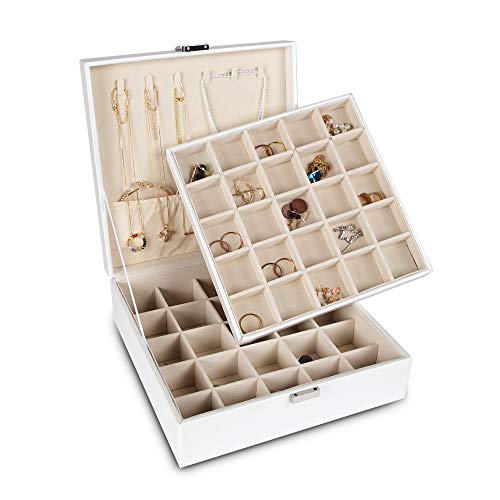 Frebeauty Ohrring-Organizer, klassische Schmuckschatulle, 50 Fächer, doppellagig, Schmuck-Aufbewahrungsbox mit 6 Halskettenhaken und Armbandtasche (Perlweiß) von Frebeauty