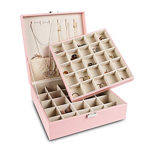 Frebeauty Ohrring-Organizer, klassische Schmuckschatulle, 50 Fächer, doppellagig, Schmuck-Aufbewahrungsbox mit 6 Halskettenhaken und Armbandtasche (Rosa) von Frebeauty