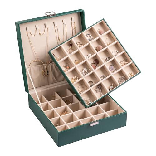 Frebeauty Ohrring-Organizer, klassische Schmuckschatulle, 50 Fächer, doppellagig, Schmuck-Aufbewahrungsbox mit 6 Halskettenhaken und Armbandtasche (Schwarzgrün) von Frebeauty