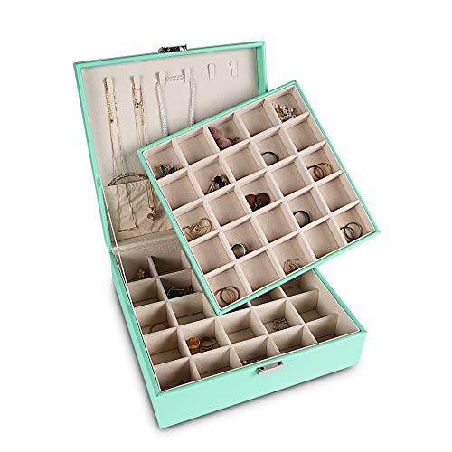 Frebeauty Ohrring-Organizer, klassische Schmuckschatulle, 50 Fächer, doppellagig, Schmuck-Aufbewahrungsbox mit 6 Halskettenhaken und Armbandtasche (Türkis) von Frebeauty