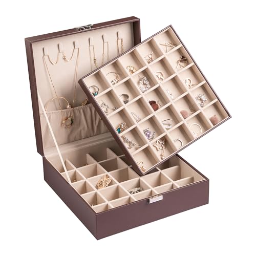 Frebeauty Ohrring-Organizer, klassische Schmuckschatulle, 50 Fächer, doppellagig, Schmuck-Aufbewahrungsbox mit 6 Halskettenhaken und Armbandtasche von Frebeauty