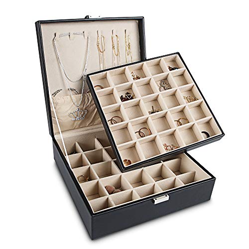 Frebeauty Ohrring-Organizer, 50 Fächer, Ohrring-Organizer, 2-lagige Schmuckschatulle für Ohrringe und Halsketten, PU-Schmuck-Organizer, Schmuck-Organizer und -aufbewahrung (schwarz) von Frebeauty