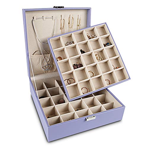 Frebeauty Ohrring-Organizer, klassische Schmuckschatulle, 50 Fächer, doppellagig, Schmuck-Aufbewahrungsbox mit 6 Halskettenhaken und Armbandtasche (lila) von Frebeauty