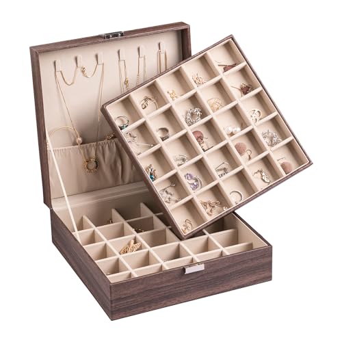 Frebeauty Ohrring-Organizer, klassische Schmuckschatulle, 50 Fächer, doppellagig, Schmuckaufbewahrungskoffer mit 6 Halskettenhaken und Armbandtasche (Baumbraun) von Frebeauty