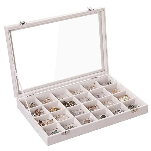 Frebeauty Samt Schmucktablett 24 Gitter Schmuck Organizer mit durchsichtigem Deckel Ohrring Organizer Halter Etui mit Verschluss Schubladeneinsatz Anhänger Broschen Geschenk (Beige 24 Gitter) von Frebeauty