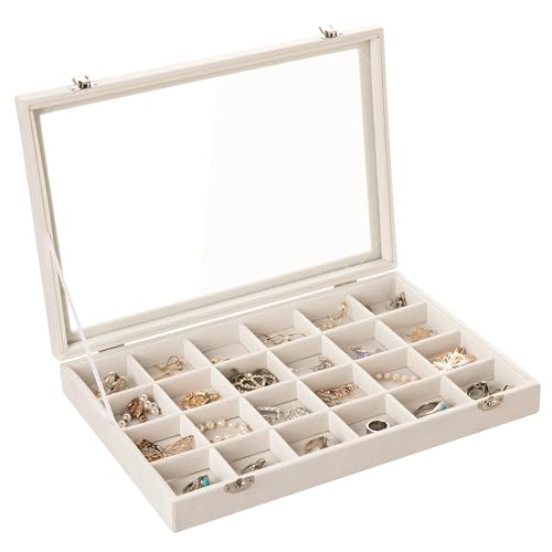 Frebeauty Samt Schmucktablett 24 Gitter Schmuck Organizer mit durchsichtigem Deckel Ohrring Organizer Halter Etui mit Verschluss Schubladeneinsatz Anhänger Broschen Geschenk (Beige 24 Gitter) von Frebeauty