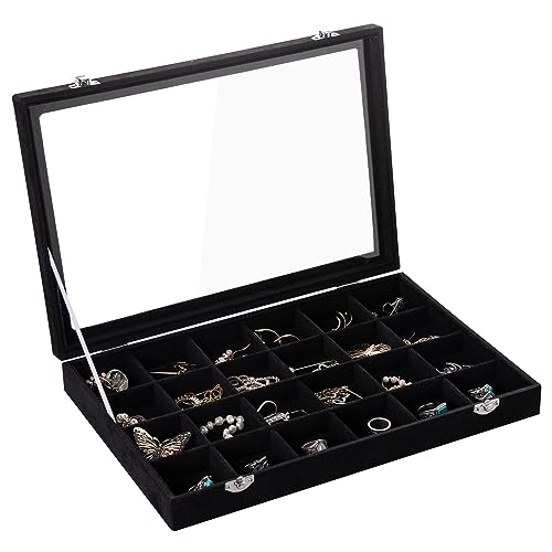 Frebeauty Samt Schmucktablett 24 Gitter Schmuck Organizer mit durchsichtigem Deckel Ohrring Organizer Halter Etui mit Verschluss Schubladeneinsatz Anhänger Broschen Geschenk (Schwarz 24 Gitter) von Frebeauty