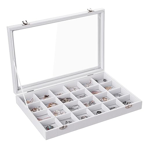 Frebeauty Samt Schmucktablett 24 Gitter Schmuck Organizer mit durchsichtigem Deckel Ohrring Organizer Halter Etui mit Verschluss Schubladeneinsatz Anhänger Broschen Geschenk (Weiß 24 Gitter) von Frebeauty