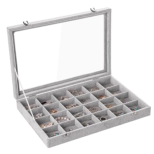 Frebeauty Samt Schmucktablett 24 Gitter Schmuck Organizer mit durchsichtigem Deckel Ohrring Organizer Halter Etui mit Verschluss Schubladeneinsatz für Ringe Anhänger Broschen Geschenk (Grau 24 Gitter) von Frebeauty