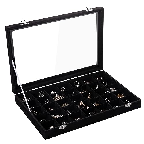 Frebeauty Samt Schmucktablett 35 Gitter Schmuck Organizer mit durchsichtigem Deckel Ohrring Organizer Halter Etui mit Verschluss Schubladeneinsatz für Ringe Ohrstecker Geschenk (Schwarz 35 Gitter) von Frebeauty