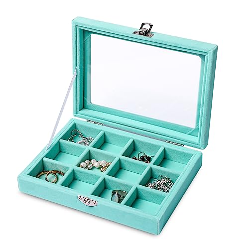 Frebeauty Schmuck-Organizer-Tablett mit transparentem Deckel, Samt-Schubladeneinsatz, Schmuck-Aufbewahrungsbox mit transparentem Deckel, Schmuckvitrine, Schmuckschatulle (türkis, 12 Fächer) von Frebeauty