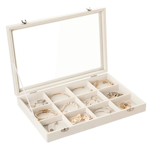 Frebeauty Schmuck Tablett 12 Gitter Samt Schmuck Organizer Aufbewahrungsbox mit klarem Deckel Schublade Schmuck Halter Vitrine mit Schließe Anhänger Armbänder Halskette für Frauen (Beige, 12 Gitter) von Frebeauty