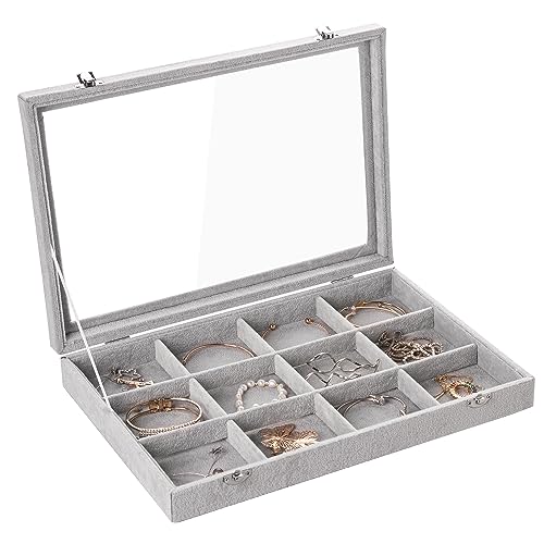 Frebeauty Schmuck Tablett 12 Gitter Samt Schmuck Organizer Aufbewahrungsbox mit klarem Deckel Schublade Schmuck Halter Vitrine mit Schließe Anhänger Armbänder Halskette für Frauen (Grau, 12 Gitter) von Frebeauty