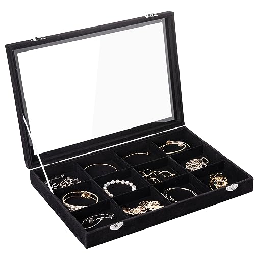 Frebeauty Schmuck Tablett 12 Gitter Samt Schmuck Organizer Aufbewahrungsbox mit klarem Deckel Schublade Schmuck Halter Vitrine mit Schließe Anhänger Armbänder Halskette für Frauen (Schwarz, 12 Gitter) von Frebeauty