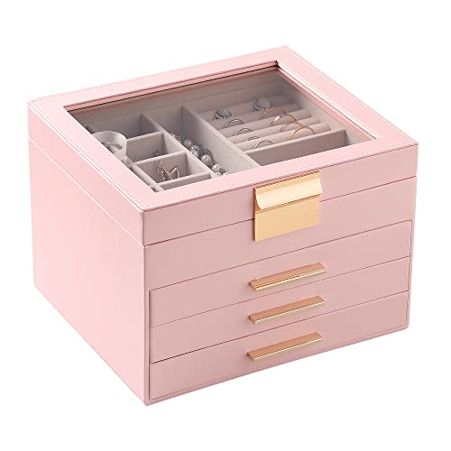 Frebeauty Schmuckschatulle mit transparentem Deckel, 4 Schichten, groß, multifunktional, Schmuck-Aufbewahrungsbox mit 3 Schubladen, Halsketten, Armbändern für Frauen und Mädchen (rosa) von Frebeauty