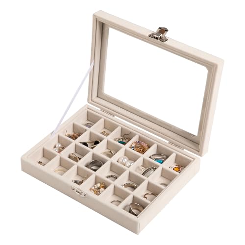 Frebeauty Schmucktablett mit 24 Fächern, Samt-Ohrstecker-Organizer, kleiner Schmuck-Organizer mit transparentem Deckel, abschließbarer Ohrringhalter, Organizer, Schmuckschatullen und Ringhalter für von Frebeauty