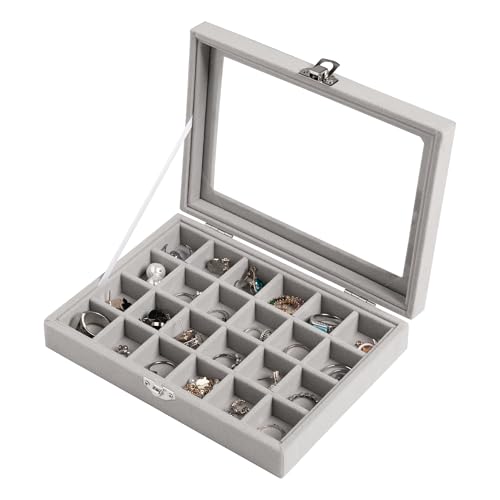 Frebeauty Schmucktablett mit 24 Fächern, Samt-Ohrstecker-Organizer, kleiner Schmuck-Organizer mit transparentem Deckel, abschließbarer Ohrringhalter, Organizer, Schmuckschatullen und Ringhalter für von Frebeauty