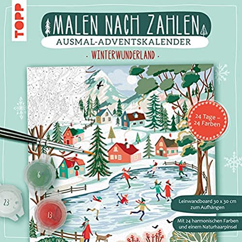 Adventskalender Malen nach Zahlen Winterwunderland: Leinwandboard mit Winterlandschafts-Ausmalmotiv sowie 24 Acrylfarben für jeden Tag und Naturhaarpinsel von Frech