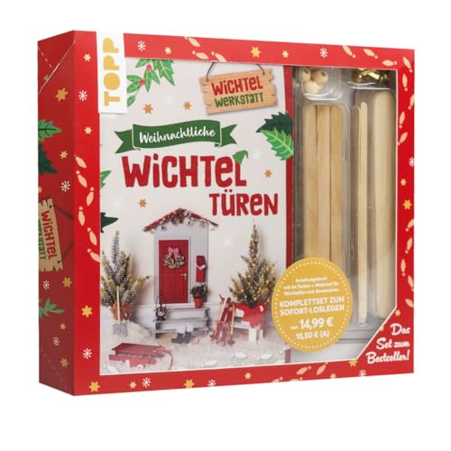 Kreativ-Set Weihnachtliche Wichteltüren. Anleitungsbuch + Material. Set zum Buch: Komplettes Bastelset mit Bastelbogen, Holzspatel, Holzperlen, Pappe, Schleifpapier, Fußspuren-Schablone von Frech