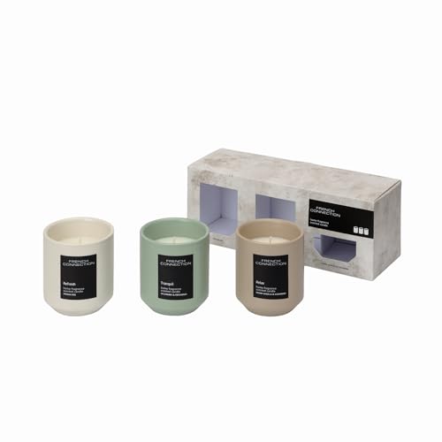 French Connection Stone Range Aromatherapie-Kerze im Glas, Premium-Sheabutterwachs, Geschenke für Frauen, (Set – 3 x 140 g, warme Vanille und Kaschmir, Wildbeere und Patchouli, Iris und Orangenblüte) von French Connection