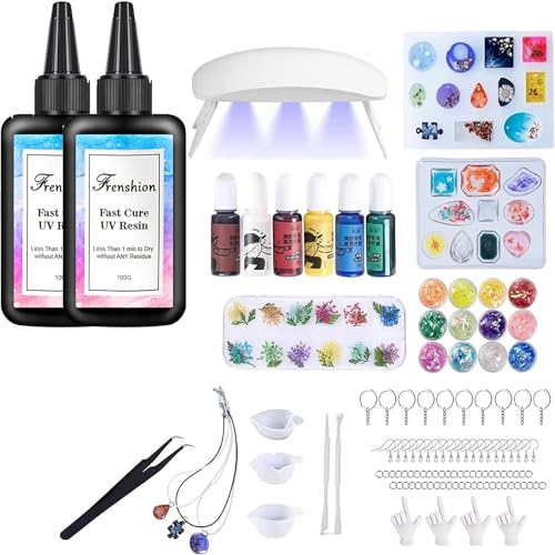 Frenshion UV-Harz-Kit mit Licht, 113Pcs Harz Schmuck Herstellung Kit mit 200g Schnellhärtung Clear Hard Low Geruch UV Harz, Farbpigment, Harz Zubehör, UV Harz Starter Kit für Schmuck Herstellung von Frenshion