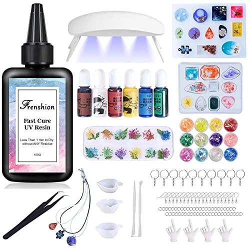 Frenshion UV-Harz-Kit mit Licht, 116-teiliges Harz-Schmuckherstellungs-Kit mit 100 g schnell aushärtendem, klarem, hartem, geruchsarmem UV-Harz, Farbpigment, Harzzubehör, UV-Harz-Starter-Kit von Frenshion