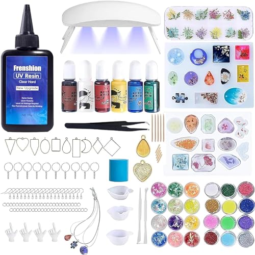 Frenshion UV Harz Kit mit Licht, 161Pcs Harz Kit mit 100g niedriger Viskosität Hard Faster Cure UV Harz, Farbpigment, Harz Zubehör, UV Harz Starter Kit für die Schmuckherstellung von Frenshion