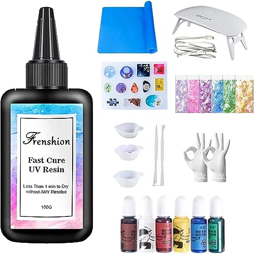 UV Lampe+100G Upgrade 45S Schnelle Heilung Klar Hartharz+ Farbe Pigment+Form+Paillette+Mat+Werkzeug+Handschuh für DIY Casting und Beschichtung Handwerk Schmuck Ohrringe Halskette Armband Herstellung von Frenshion