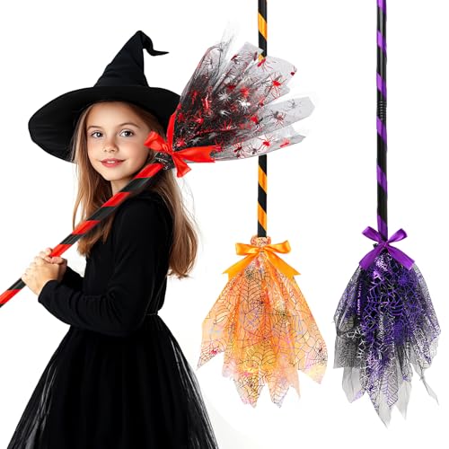 Fresum Kinder Hexenbesen, Halloween Hexenbesen 3 Stück, Abnehmbare Besen Requisiten, 90cm Wunder Besen mit Schleife, Halloween Hexen Kostüme Zubehör für Halloween Cosplay Party, Kostümparty von Fresum