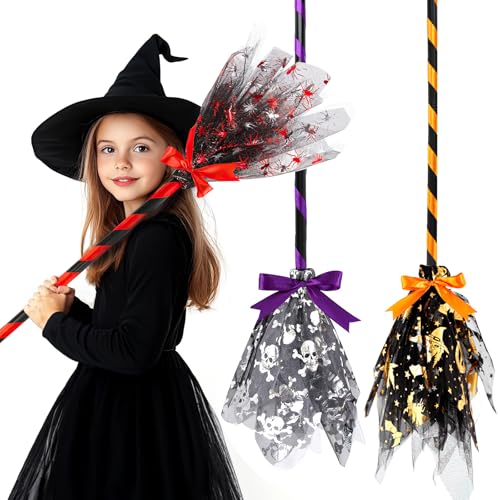 Fresum Kinder Hexenbesen, Halloween Hexenbesen 3 Stück, Abnehmbare Besen Requisiten, 90cm Wunder Besen mit Schleife, Halloween Hexen Kostüme Zubehör für Halloween Cosplay Party, Kostümpartys von Fresum