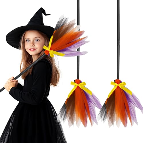 Hexenbesen 3 Stück, Abnehmbare Halloween Besen Requisiten, Kinder Hexenbesen, 90cm Wunder Besen, Farbbesen Spleißen Kostüme Zubehör für Halloween Cosplay Party, Kostümpartys von Fresum