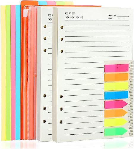 Freude 2er Pack A6 Nachfüllpapier - 6 Löcher liniertes Papie，5 bunten Index-Trennblättern, 2 losen Blatttaschen und 160 Etiketten mit Lineal für deinen A6 Journal Notebook Planner Organizer. von Freude