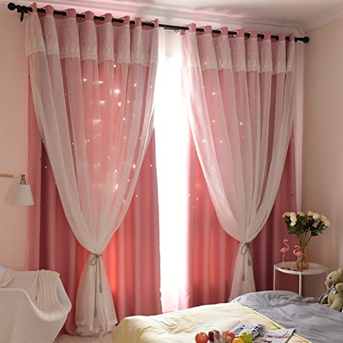 Freyamy 2er-Set Gardinen Mädchen Rosa Glänzend Sterne Spitze Vorhänge mit Ösen Halbtransparent,Kinderzimmer Vorhang für Schlafzimmer Wohnzimmer Verdunkelungsvorhang 210 x 132 cm (HxB) von Freyamy