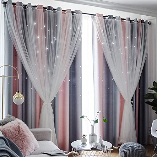 Freyamy Gardinen Rosa Grau Glänzend Sterne Vorhänge Blickdicht Kinderzimmer Halbtransparent H 130 X B 100cm Ösenvorhang 2er Set Mädchen Kindervorhänge Gardinen Verdunkelungsvorhang Wohnzimmer von Freyamy