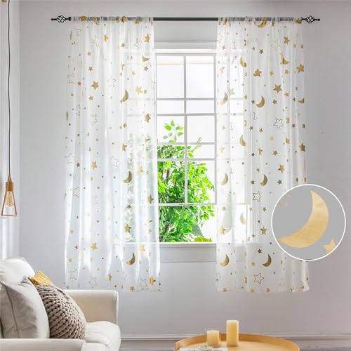 Freyamy Transparent Sterne Vorhang kinderzimmer vorhänge Mädchen Spitze Voile Spitzenvorhänge mit Stangendurchzug für Wohnzimmer halbtransparent Stangentaschenvorhang Gardinen 100x130cm,Gold,2er Set von Freyamy