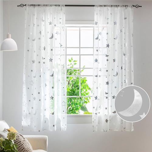 Freyamy Transparent Sterne Vorhang kinderzimmer vorhänge Mädchen Spitze Voile Spitzenvorhänge mit Stangendurchzug für Wohnzimmer halbtransparent Stangentaschenvorhang Gardinen 100x200cm,Silber,2er Set von Freyamy