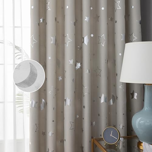 Freyamy Vorhang Blickdicht Beige Mond Sternenvorhänge 2 Stück,220x140cm (HxB) Niedliche Vorhänge mit Ösen Lichtundurchlässig thermovorhang kälteschutz Gardinen Lärmschutz für Kindervorhänge von Freyamy