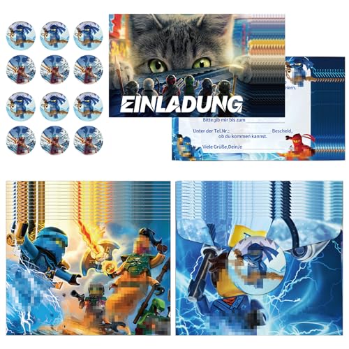 Freyauga Ninja Einladungskarten Kindergeburtstag Jungen Mädchen, 12pcs Deutsche Geburtstag Einladungen, Partyeinladungen mit Bunte Umschläge und Runde Aufkleber, Kinder Animation Party Einladung Set von Freyauga