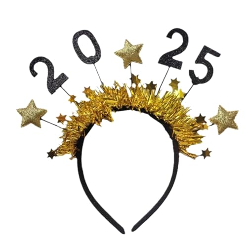 Frfik Happy New Year Stirnband Tiara | Gold Silber Glitzer Stern Pailletten Haarband Haarschmuck | Diadem Stern Haarband Kopfschmuck Haarschmuck | Silvester Haarschmuck für Weihnachten 2025 von Frfik