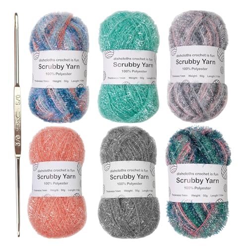 Scrubby Garn – Scrubby Sparkles Garn, 100% Polyester 6 Garn & Häkeln – Bastelset zum Stricken, Häkeln von Waschlappen-Projekten von Frfik