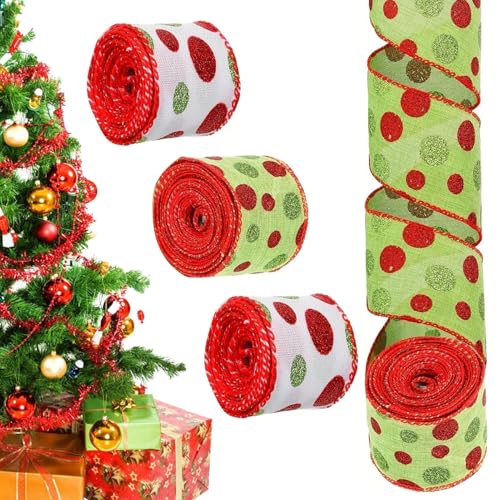 Weihnachtsband mit Draht, 4 Rollen mit Glitzerpunkten, Drahtband, Blumenarrangement-Schleife, glitzerndes Stoffband, dekoratives saisonales Urlaubs-Bastelband zum Verpacken von Frfik