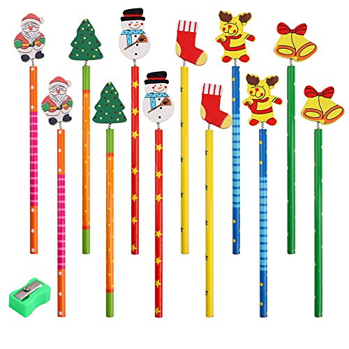 Frgasgds Weihnachtsstift,12 Stuck Bunte Holzstifte mit Radiergummi Bleistiftspitzer, Neuheit Weihnachten Weihnachtsmann Weihnachtsbaum Schneemann Viele Muster for Kinder von Frgasgds