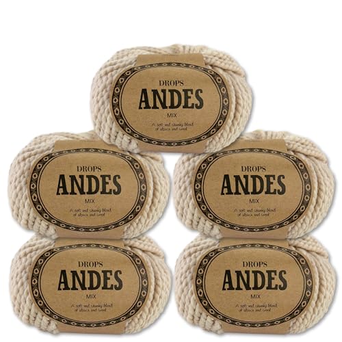 Frida's Wollhaus Drops 5 x 100 g Andes Stricken Häkeln Alpaka Schurwolle Alpaca Garn 28 Farben (0206 | Hellbeige | Mix) von Frida's Wollhaus