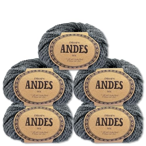 Frida's Wollhaus Drops 5 x 100 g Andes Stricken Häkeln Alpaka Schurwolle Alpaca Garn 28 Farben (0519 | Dunkelgrau | Mix) von Frida's Wollhaus