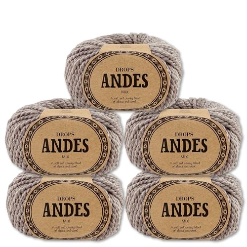 Frida's Wollhaus Drops 5 x 100 g Andes Stricken Häkeln Alpaka Schurwolle Alpaca Garn 28 Farben (0619 | Beige | Mix) von Frida's Wollhaus